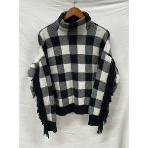 Ralph Lauren Sweater Black Plaid Fringe Sleeve Wool Blend Mock Neck Womens XL